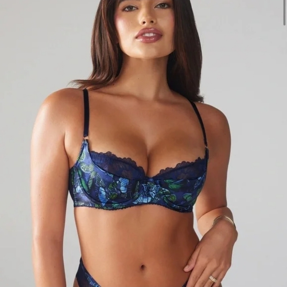 Savage X Fenty Blue Navy Green Baroque Butterfly Lace Half Cup Bra